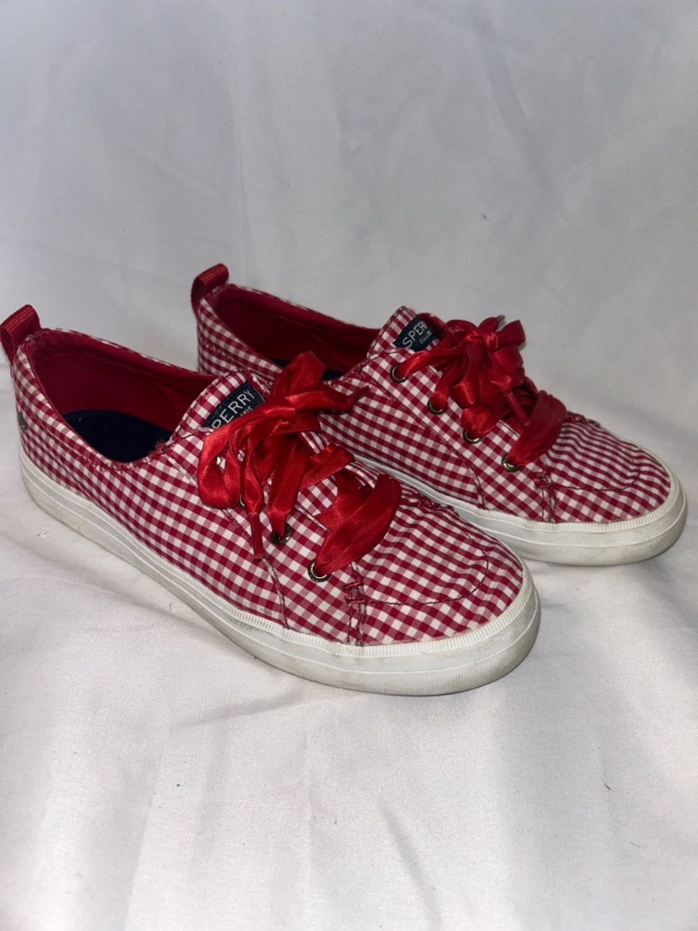 Sperry Red Gingham Satin Lace Women's Sneakers